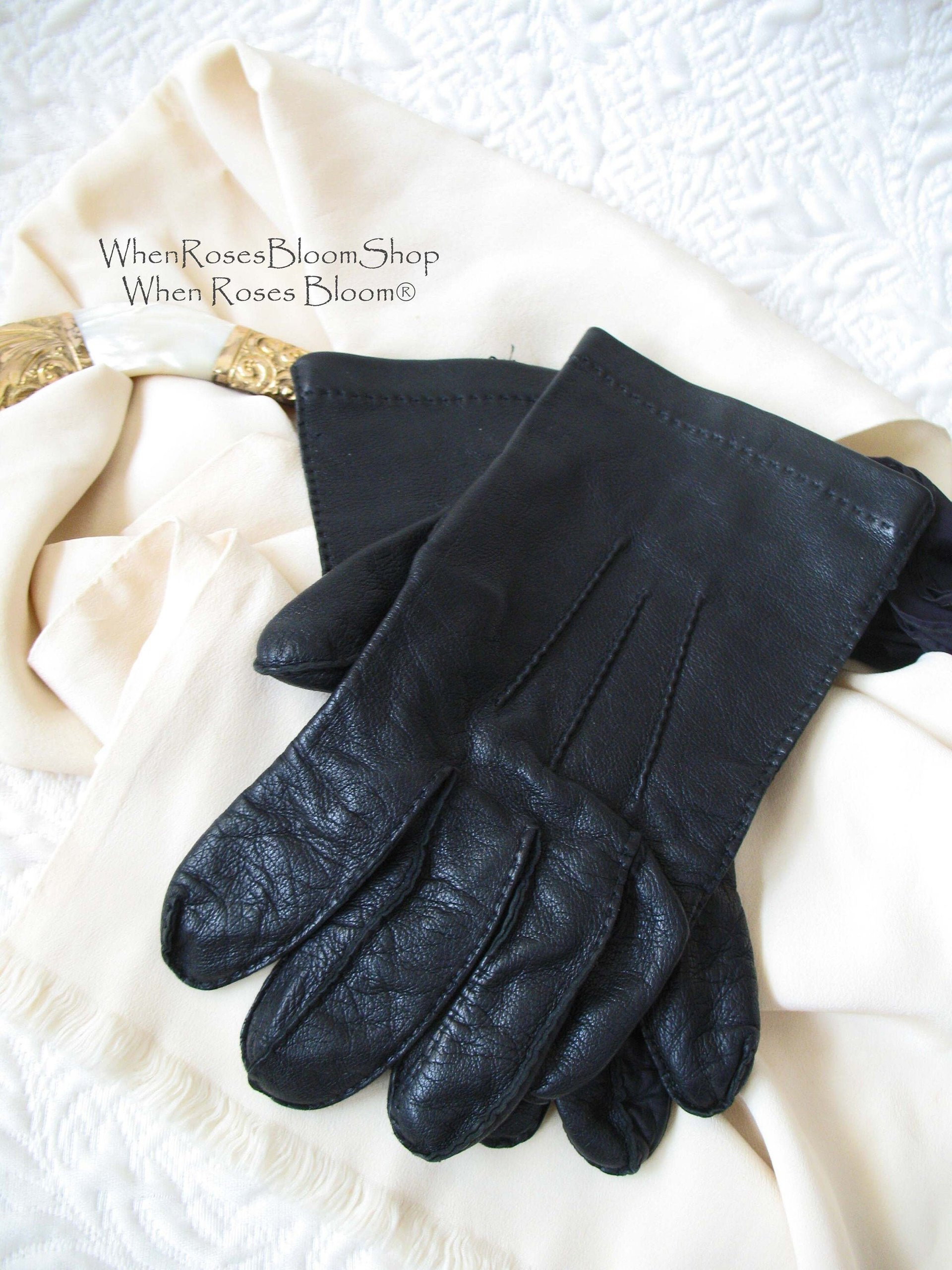 Gloves Size 9 Black Leather Vintage Downton Steampunk Victorian Austen Gentleman Dandy Cosplay Style Shipping Incl. in USA WhenRosesBloom