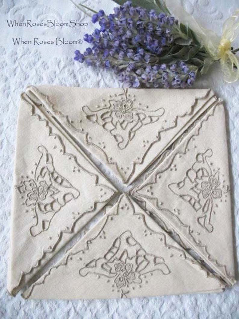 Vintage Madeira Napkins Set/4 Cutwork Embroidery Heirloom Linens NOS new old stock elegant tea napkins Shabby Chic Cottage  When Roses Bloom