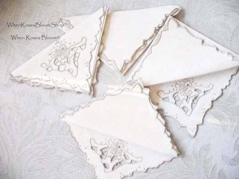 Vintage Madeira Napkins Set/4 Cutwork Embroidery Heirloom Linens NOS new old stock elegant tea napkins Shabby Chic Cottage  When Roses Bloom