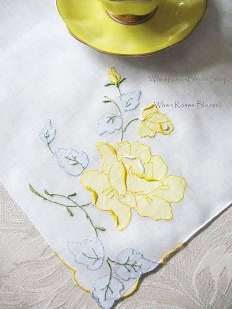 Vintage Hanky Yellow Rose Wedding Madeira Keepsake Remembrance Antique Linen Heirloom Needlework Hankerchief  Free Ship  US  WhenRosesBloom