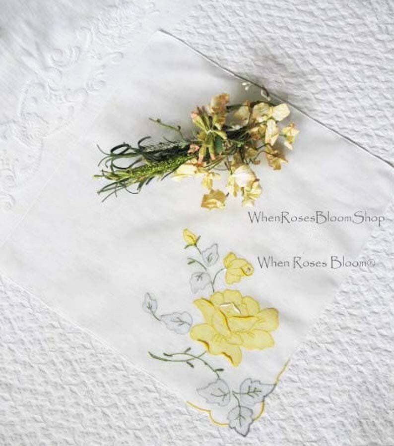 Vintage Hanky Yellow Rose Wedding Madeira Keepsake Remembrance Antique Linen Heirloom Needlework Hankerchief  Free Ship  US  WhenRosesBloom