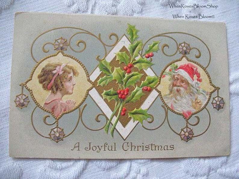 Vintage Santa Claus Postcard Little Girl Holly Ornaments Christmas Embossed 1900s Victorian Edwardian Holiday Free Ship US WhenRosesBloom
