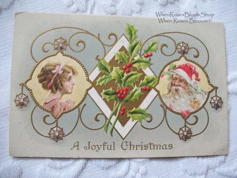 Vintage Santa Claus Postcard Little Girl Holly Ornaments Christmas Embossed 1900s Victorian Edwardian Holiday Free Ship US WhenRosesBloom