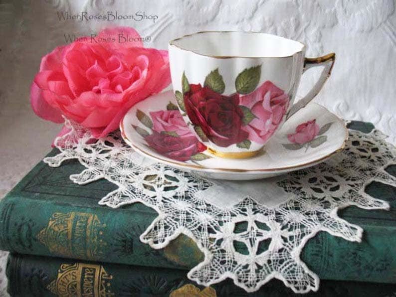 Vintage Tea Cup Rose Floral English Bone China TeaTime Gift Dainty Elegant Shabby Chic Retro Mid Century Classic British WhenRosesBloom