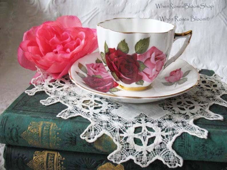 Vintage Tea Cup Rose Floral English Bone China TeaTime Gift Dainty Elegant Shabby Chic Retro Mid Century Classic British WhenRosesBloom