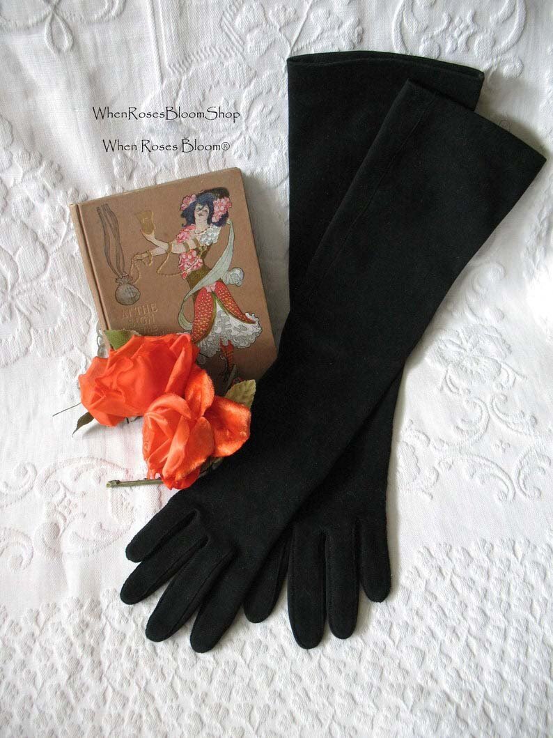 Vintage Black Gloves Size 6 Opera Debutante Downton Lady Mary Steampunk Cosplay Titanic Miss Fisher Vegan Free Ship USA   WhenRosesBloom