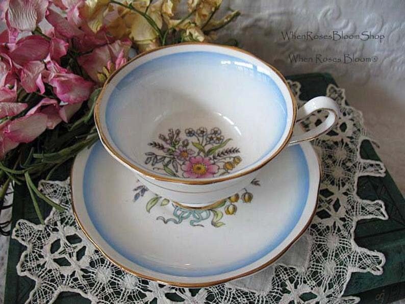 Teacup Royal Albert Floral Blue English Bone China Vintage Shabby Chic Tea Cup  Birthday Shower Tea Party Gift WhenRosesBloom