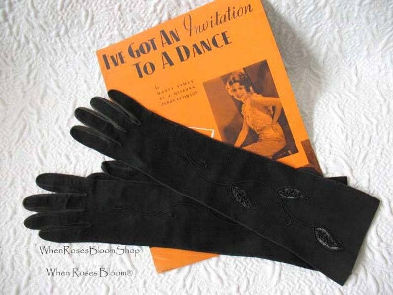 Vintage Gloves Black French Leather Matinee Elegant Mid Century Style Lady Mary Steampunk Goth Cosplay  Free Ship USA   WhenRosesBloom