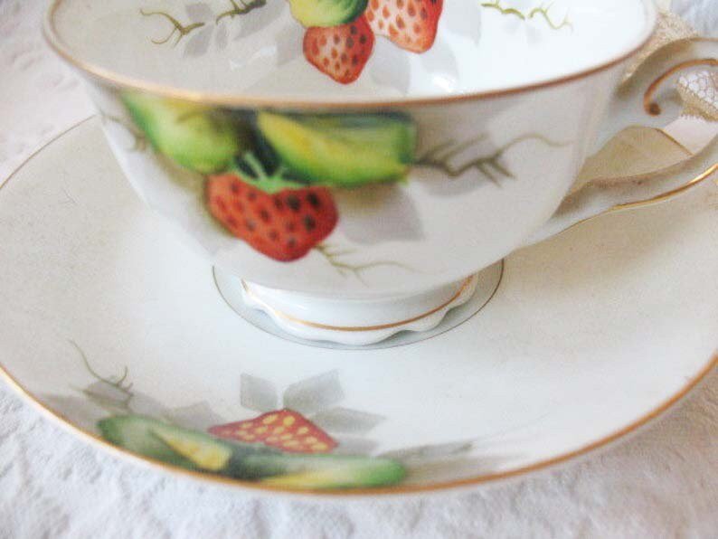 Vintage Footed Tea Cup Occupied Japan  Strawberries Mid Century TeaTime Gift  Victoria Downton Farmhouse Cottage Shabby Chic WhenRosesBloom