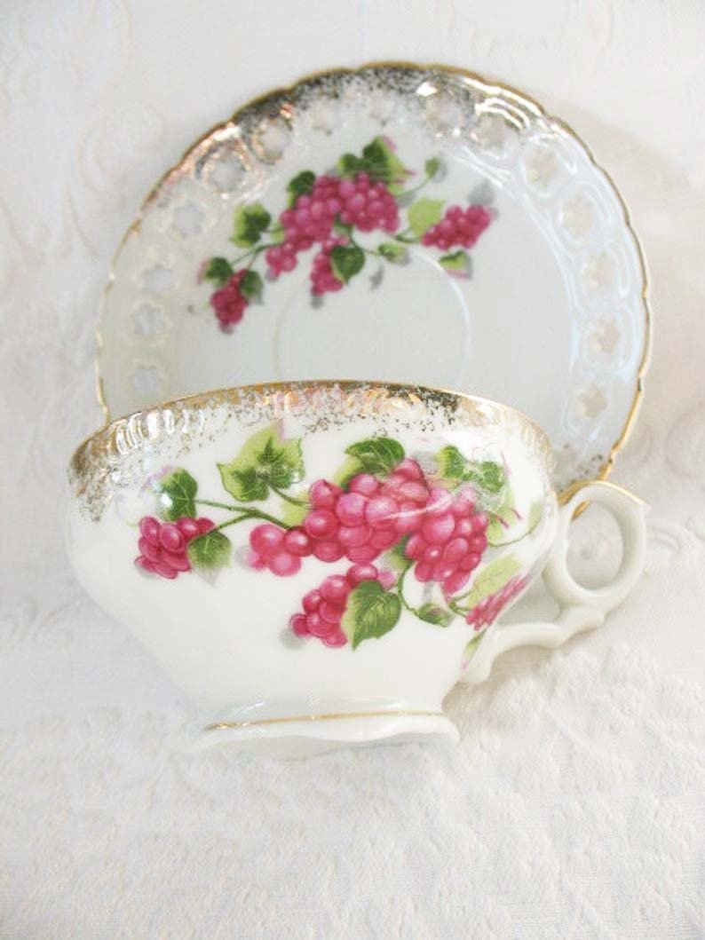 Vintage Footed Teacup Red Pink Berries Japan Mid Century TeaTime Gift Victoria Downton Abbey Cottage Shabby Chic Tea WhenRosesBloom