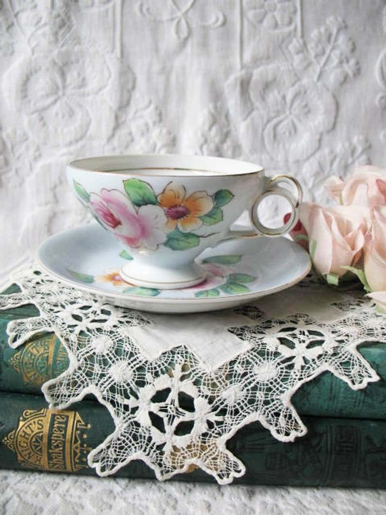 Vintage Tea Cup Footed Blue Pink Roses Made in Japan Tea Time Gift Mid Century Victoria Downton Abbey Cottage Shabby Chic WhenRosesBloom