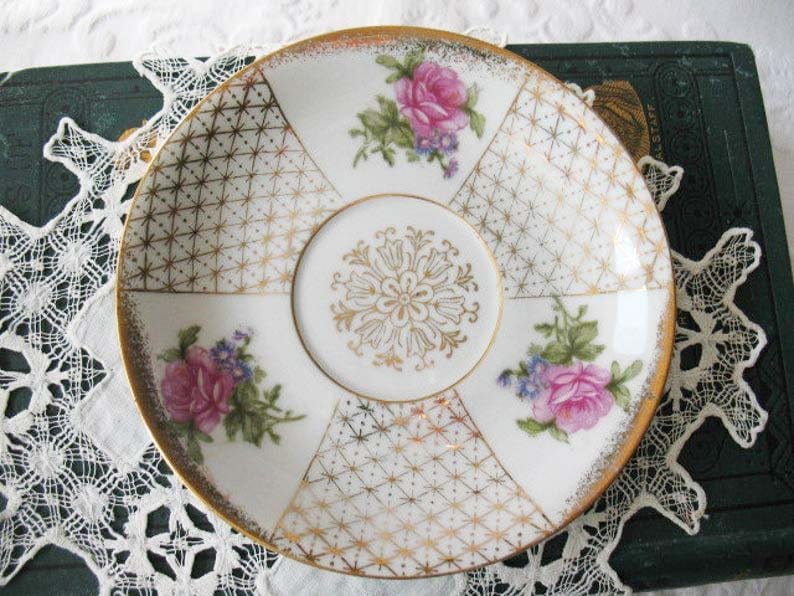 Vintage Footed Tea Cup Saucer Roses Gold Made in Japan Mid Century TeaTime Gift Victoria Downton Abbey Cottage Shabby Chic When Roses Bloom
