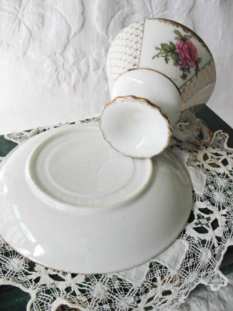 Vintage Footed Tea Cup Saucer Roses Gold Made in Japan Mid Century TeaTime Gift Victoria Downton Abbey Cottage Shabby Chic When Roses Bloom