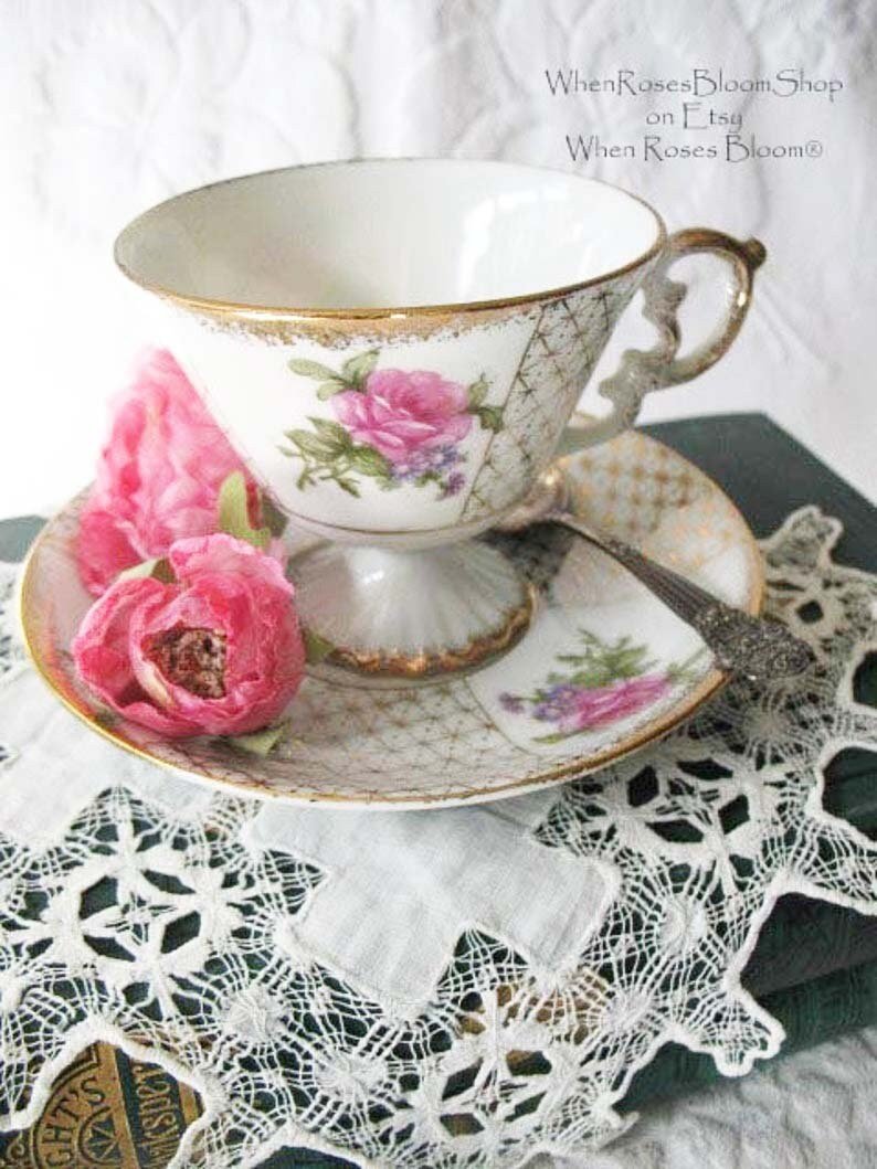 Vintage Footed Tea Cup Saucer Roses Gold Made in Japan Mid Century TeaTime Gift Victoria Downton Abbey Cottage Shabby Chic When Roses Bloom