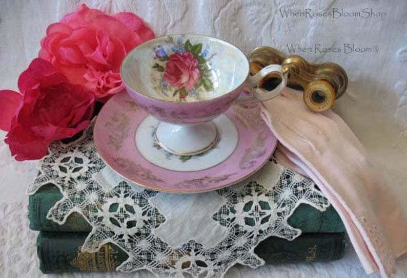 Vintage Tea Cup Pink Rose Footed Royal Halsey Gold Japan Downton TeaTime Gift Cottage Shabby Chic Mid Century Tea Style  WhenRosesBloom