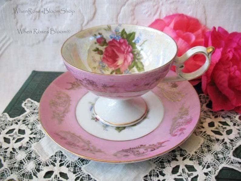 Vintage Tea Cup Pink Rose Footed Royal Halsey Gold Japan Downton TeaTime Gift Cottage Shabby Chic Mid Century Tea Style  WhenRosesBloom