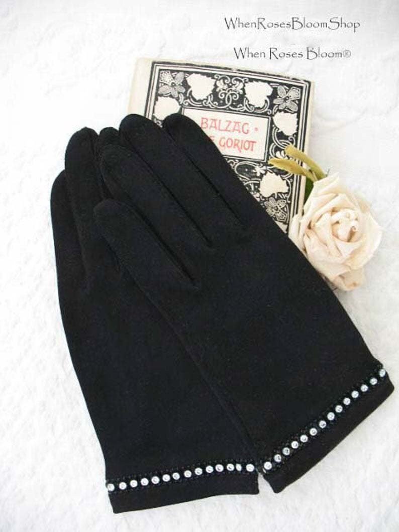 Vintage Black Gloves Sz 6+ Rhinestone Elegant Hollywood Glamour Dance Wedding Evening Cocktail Steampunk  NOS Free Ship US  WhenRosesBloom