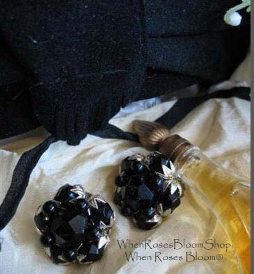 Black Lucite Clip On Earrings Mid Century Retro Vintage Jewelry Plastic Crystal Facet Jewels Hollywood Regency WhenRosesBloom