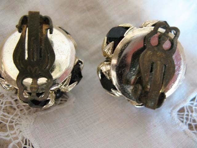 Black Lucite Clip On Earrings Mid Century Retro Vintage Jewelry Plastic Crystal Facet Jewels Hollywood Regency WhenRosesBloom