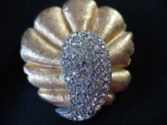 Rhinestone Brooch Costume Jewelry Gold Tone Pin mark BSK Vintage mid century 1950s Retro Style Lapel Dress Pin When Roses Bloom