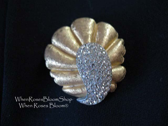 Rhinestone Brooch Costume Jewelry Gold Tone Pin mark BSK Vintage mid century 1950s Retro Style Lapel Dress Pin When Roses Bloom
