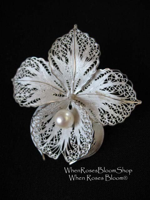 Vintage Floral Pin Brooch Silver Pearl Mid Century Jewelry Lapel Dress Pin Hat Pin Evening Wear Jewelry WhenRosesBloom