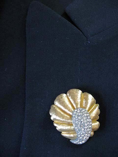 Rhinestone Brooch Costume Jewelry Gold Tone Pin mark BSK Vintage mid century 1950s Retro Style Lapel Dress Pin When Roses Bloom