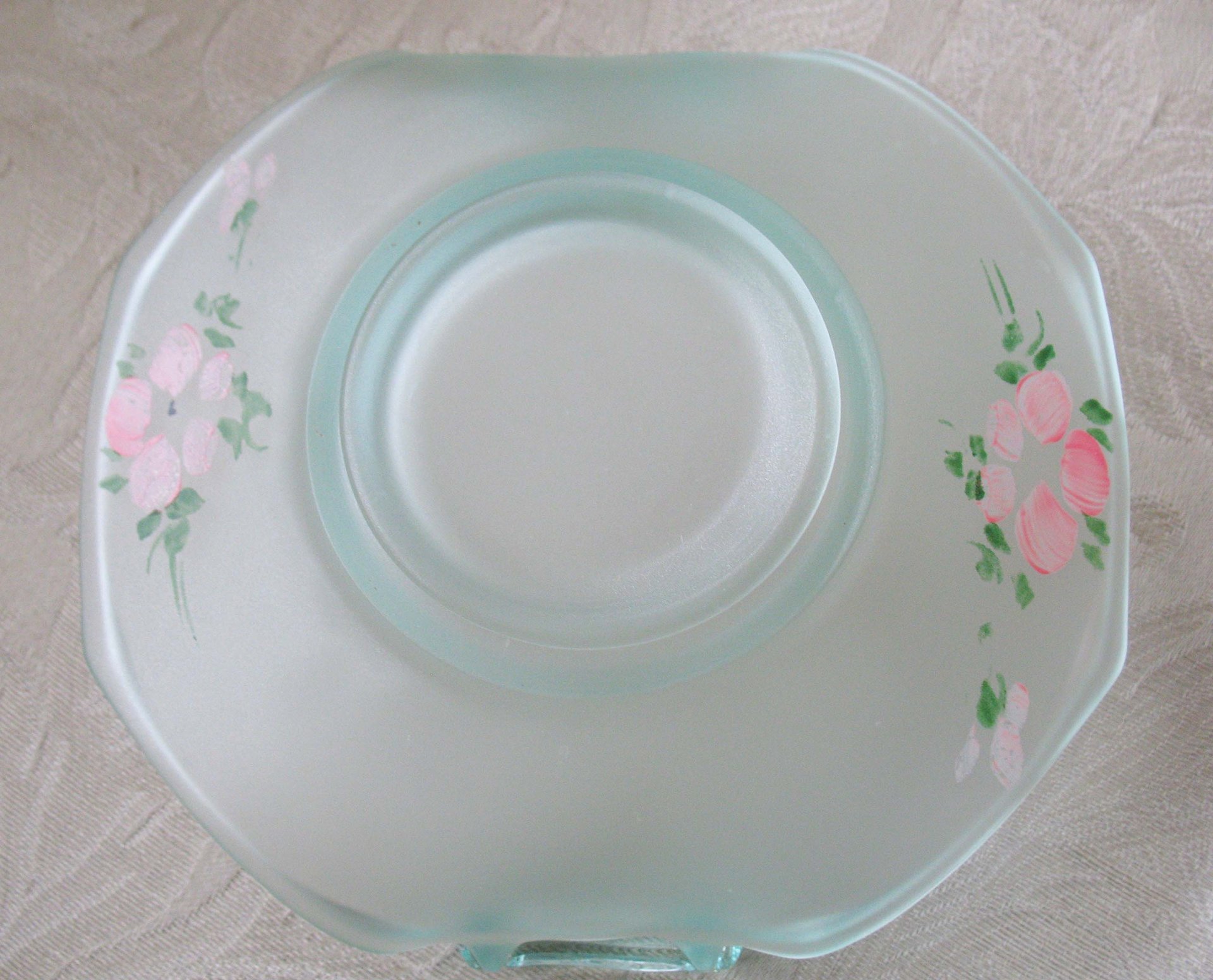 Green Depression Frosted Satin Glass Basket Candy Dish Pink Roses Vintage Retro Tea Time Gift Farmhouse Shabby Chic Style WhenRosesBloom