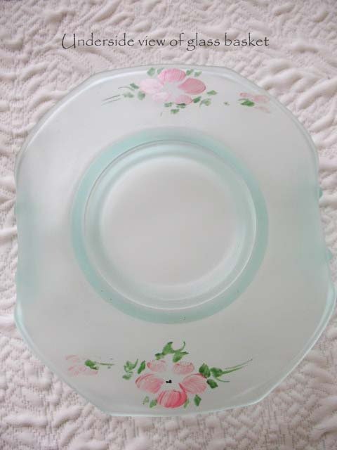 Green Depression Frosted Satin Glass Basket Candy Dish Pink Roses Vintage Retro Tea Time Gift Farmhouse Shabby Chic Style WhenRosesBloom