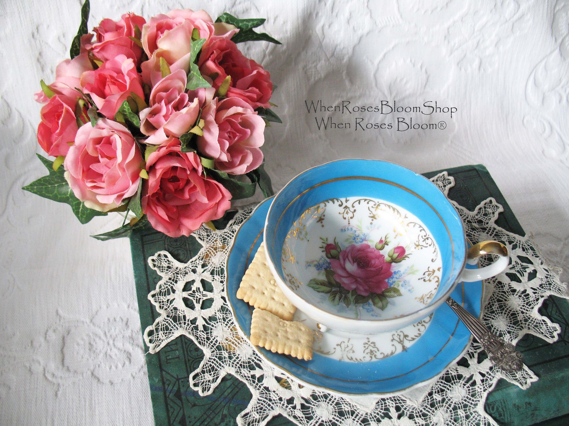 Tea Cup Footed Turquoise Blue with Pink Floral Roses Japan Retro Vintage Tea Time Gift  Romantic Shabby Chic Cottage Tea WhenRosesBloom
