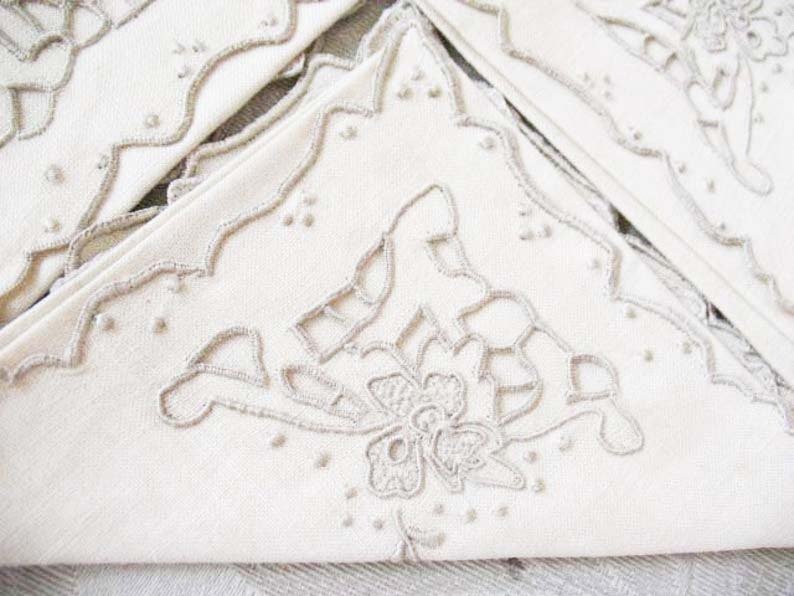Vintage Madeira Napkins Set/4 Cutwork Embroidery Heirloom Linens NOS new old stock elegant tea napkins Shabby Chic Cottage  When Roses Bloom