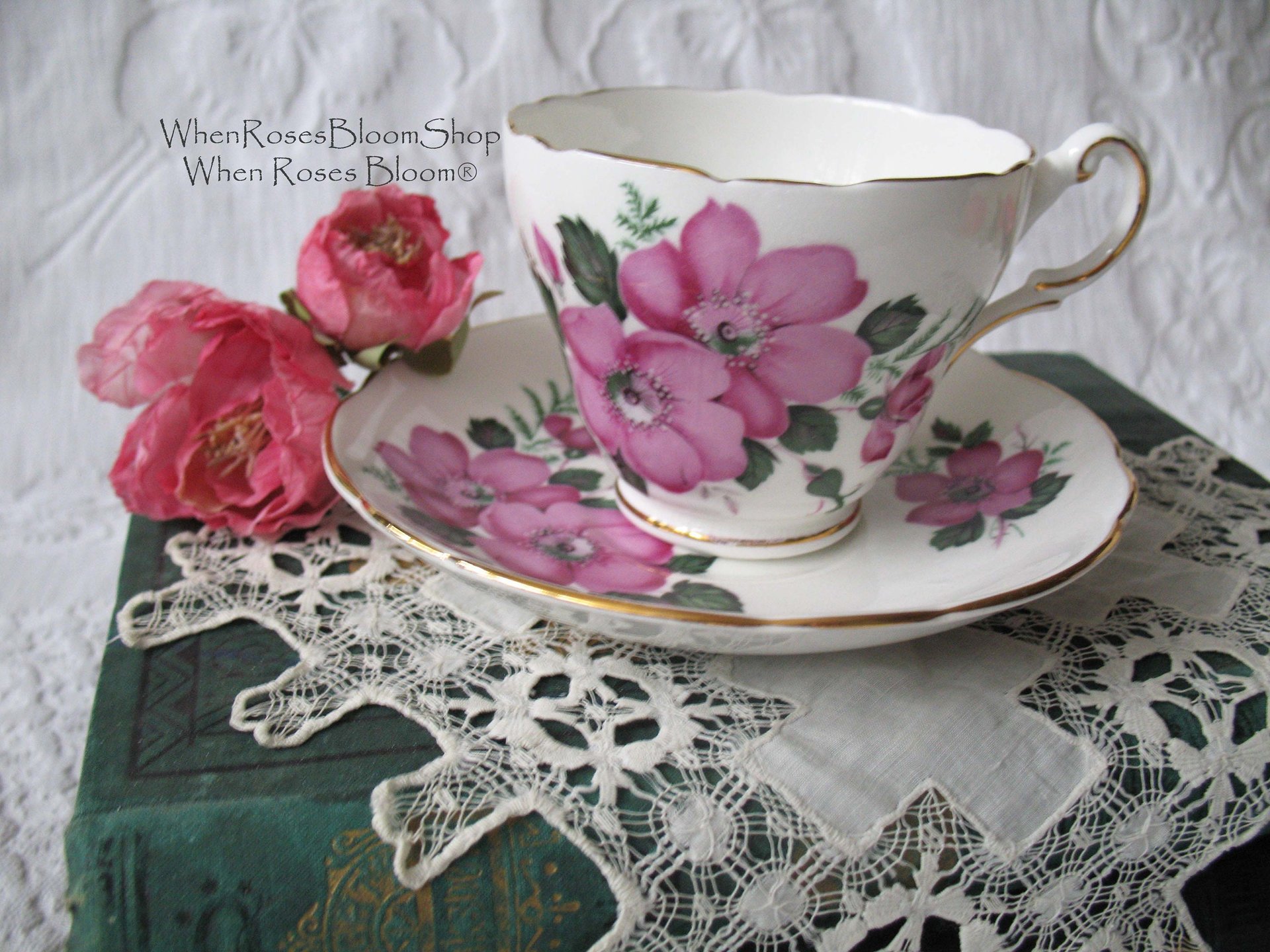 Tea Cup Grosvenor Pink Wild Roses English Bone ChinaTea Gift Vintage Retro Mid Century Shabby Chic Romantic Cottage Style WhenRosesBloom