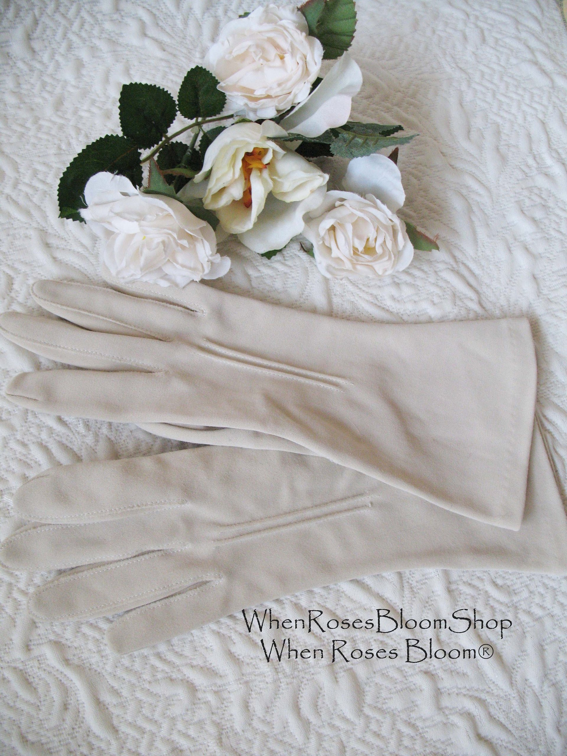 Vintage Gloves Beige  Fabric Sz 6  Matinee Bracelet Length Elegant Classic Mid Century Mod Cocktail Party Style  Free Ship US WhenRosesBloom