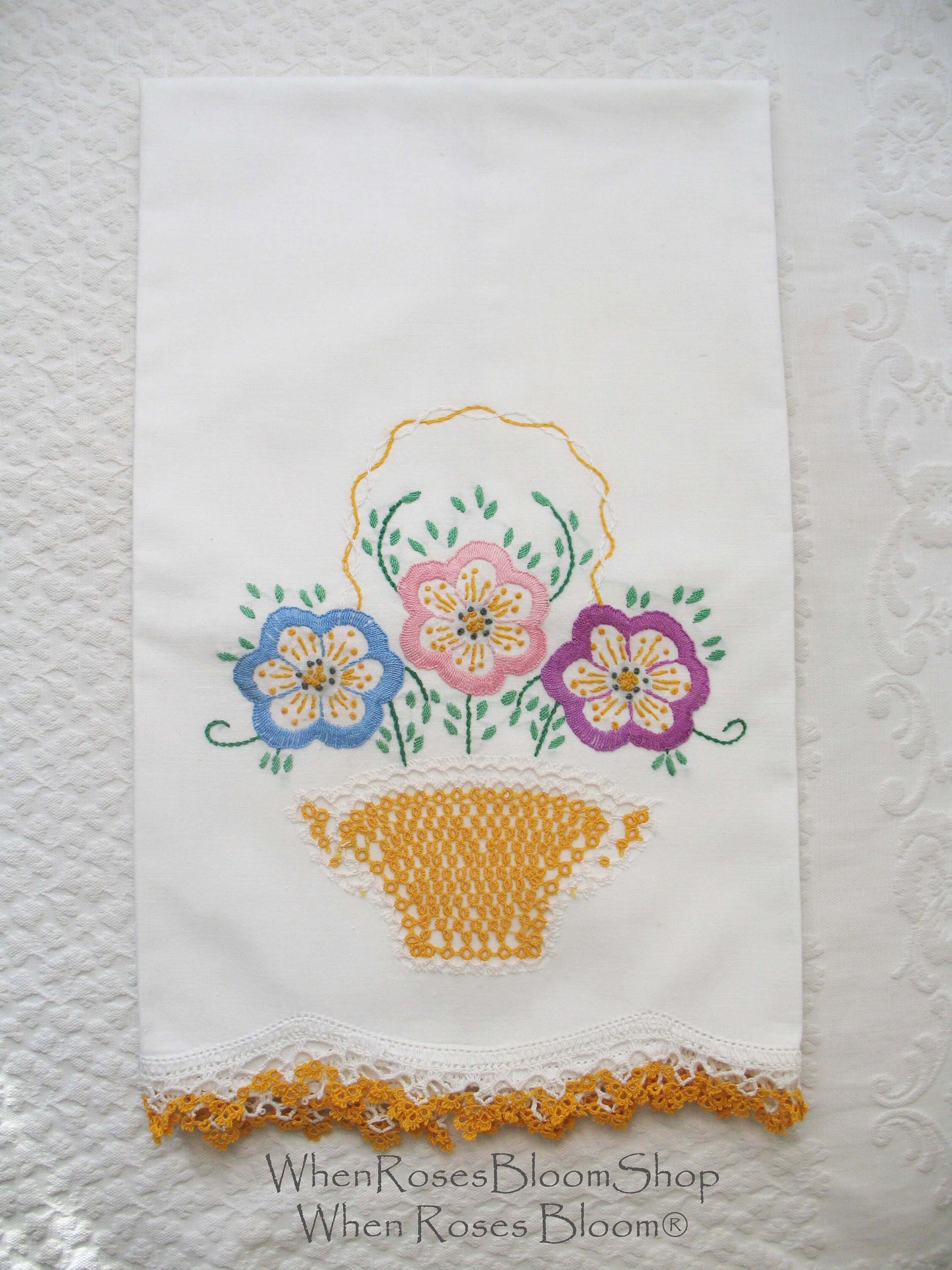 Pillowcase Tatted Lace Edge Flower Basket Heirloom New Old Shabby Chic Farmhouse Cottage Style Free Shipping in US WhenRosesBloom