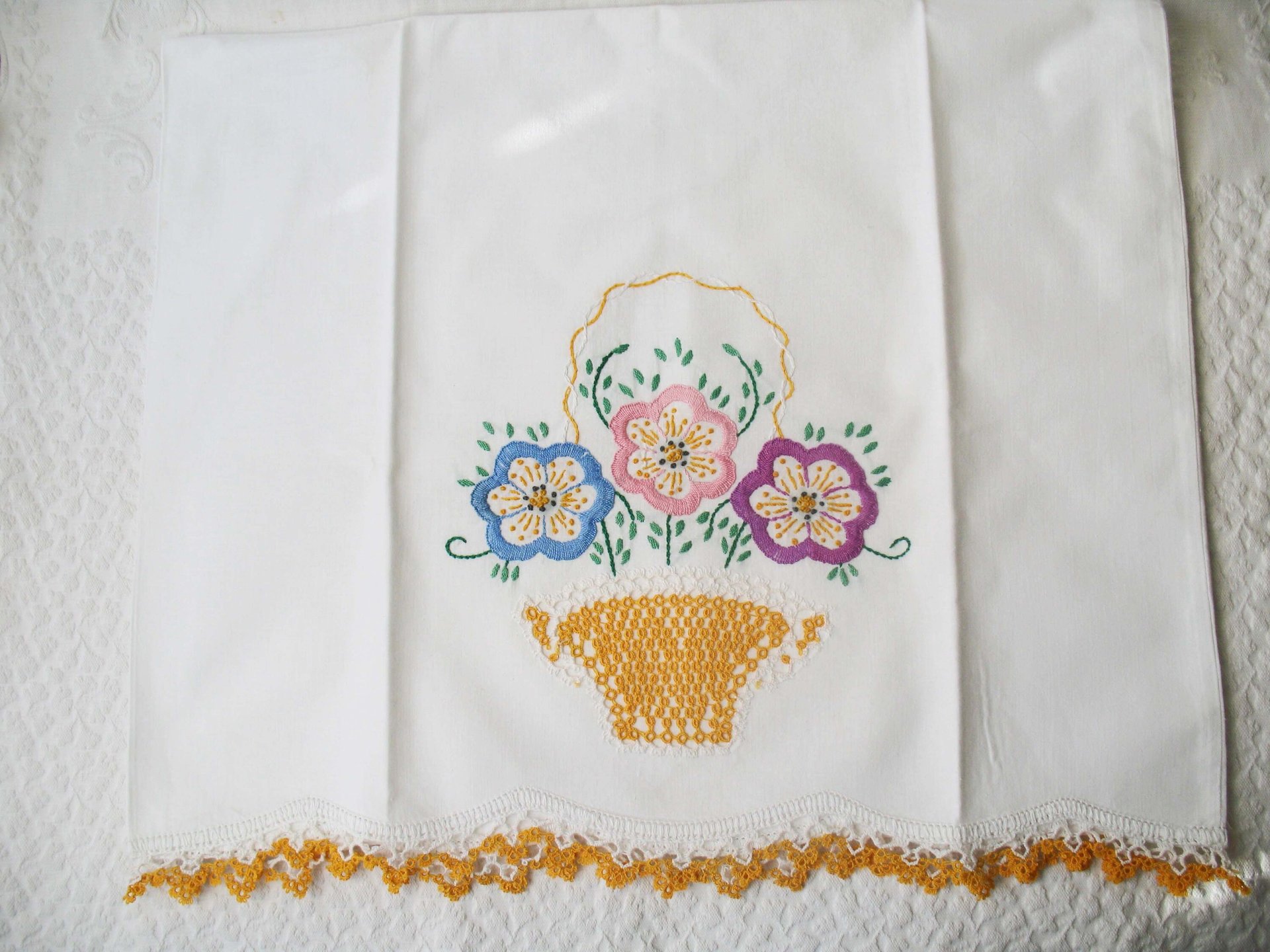 Pillowcase Tatted Lace Edge Flower Basket Heirloom New Old Shabby Chic Farmhouse Cottage Style Free Shipping in US WhenRosesBloom