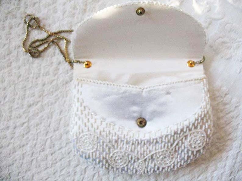 White Beaded Purse Vintage  Mid Century Retro Evening Purse Wedding Classic Dance Cocktail Party 20s Gatsby Cosplay Style NOS WhenRosesBloom