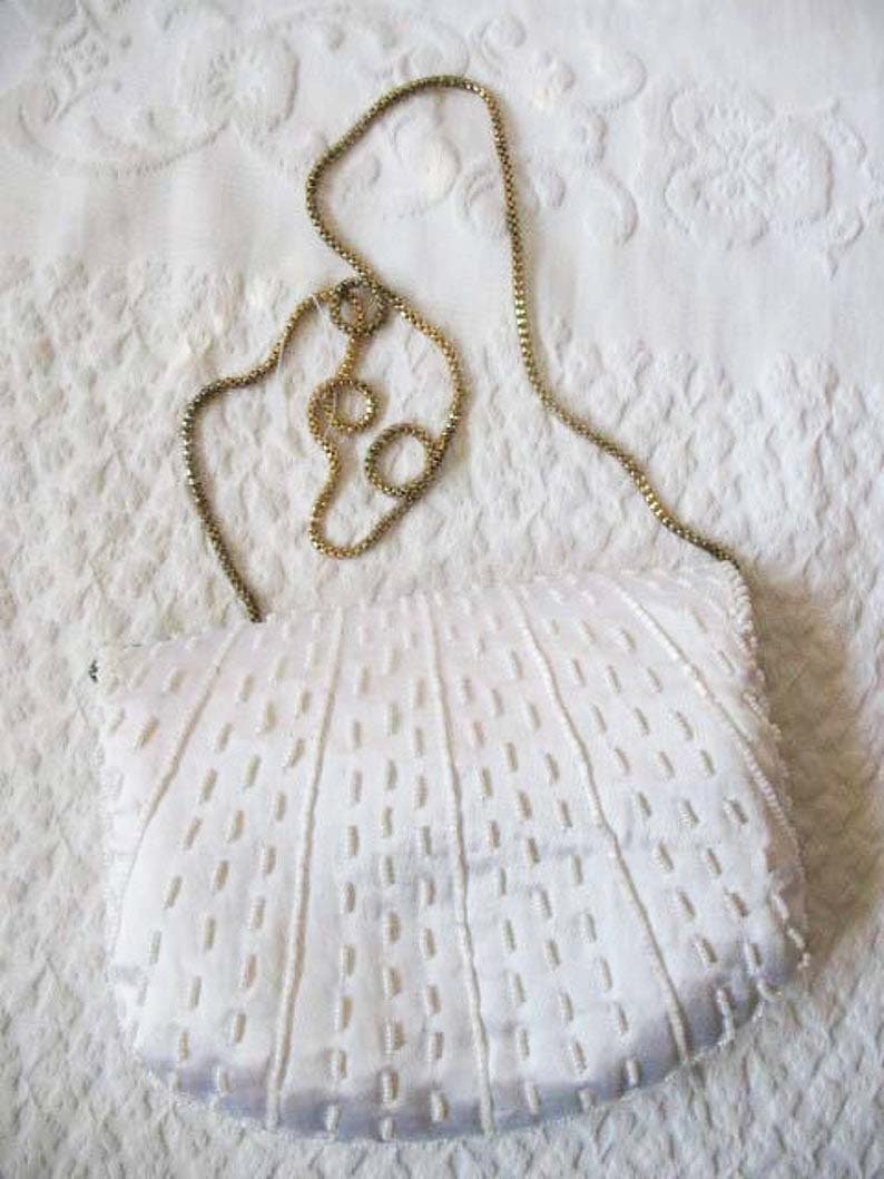 White Beaded Purse Vintage  Mid Century Retro Evening Purse Wedding Classic Dance Cocktail Party 20s Gatsby Cosplay Style NOS WhenRosesBloom