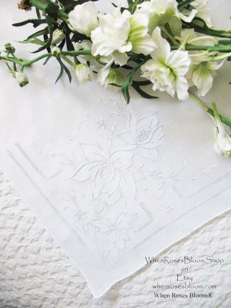 Vintage White Hanky Wedding Keepsake Remembrance Heirloom Embroidery Classic Romantic Handkerchief FREE Ship in US  WhenRosesBloom