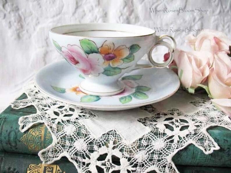 Vintage Tea Cup Footed Blue Pink Roses Made in Japan Tea Time Gift Mid Century Victoria Downton Abbey Cottage Shabby Chic WhenRosesBloom
