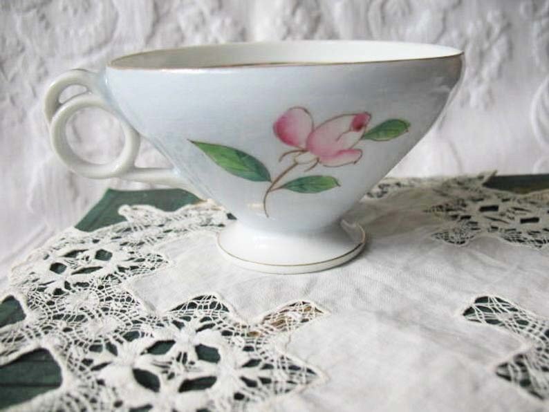 Vintage Tea Cup Footed Blue Pink Roses Made in Japan Tea Time Gift Mid Century Victoria Downton Abbey Cottage Shabby Chic WhenRosesBloom