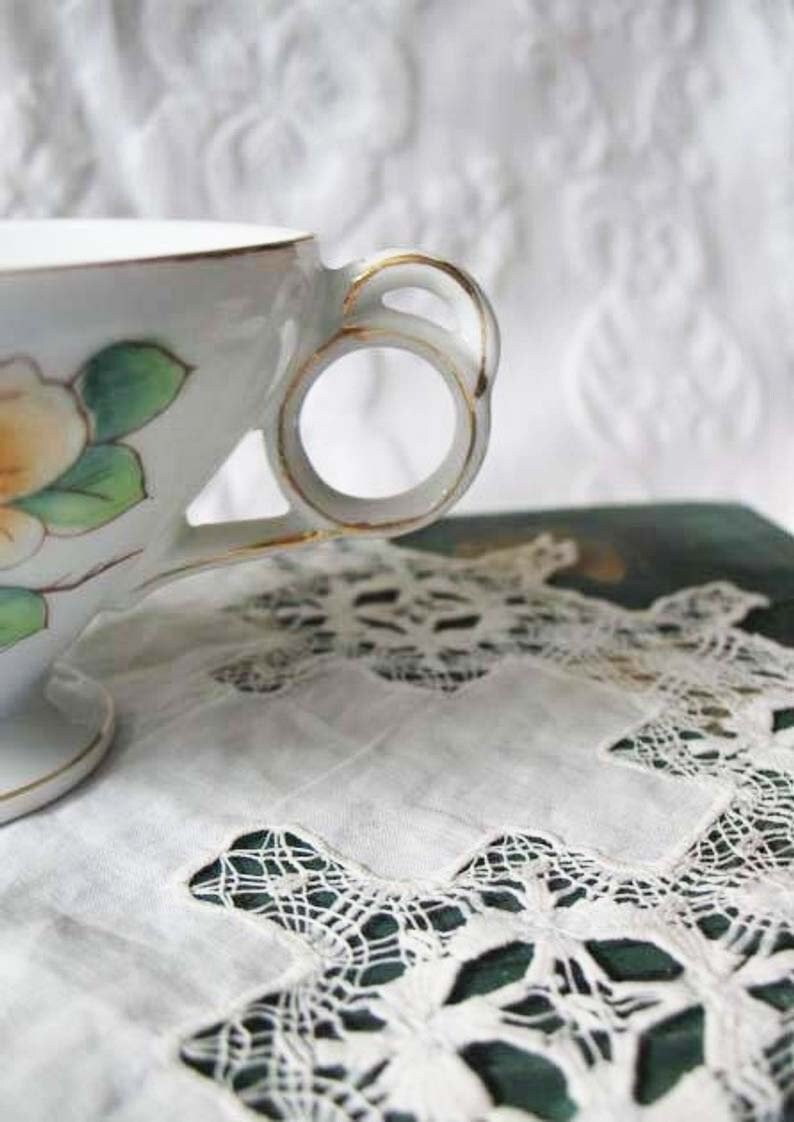 Vintage Tea Cup Footed Blue Pink Roses Made in Japan Tea Time Gift Mid Century Victoria Downton Abbey Cottage Shabby Chic WhenRosesBloom