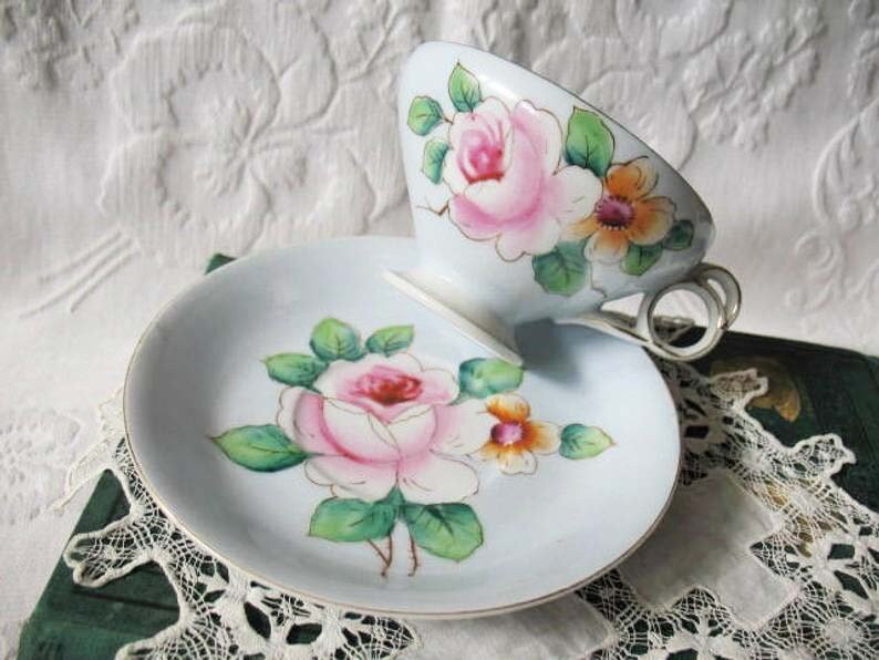 Vintage Tea Cup Footed Blue Pink Roses Made in Japan Tea Time Gift Mid Century Victoria Downton Abbey Cottage Shabby Chic WhenRosesBloom