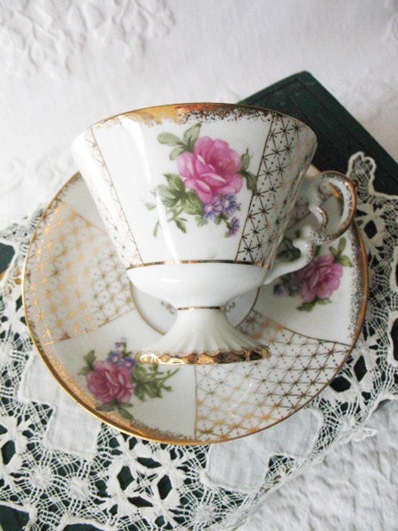 Vintage Footed Tea Cup Saucer Roses Gold Made in Japan Mid Century TeaTime Gift Victoria Downton Abbey Cottage Shabby Chic When Roses Bloom