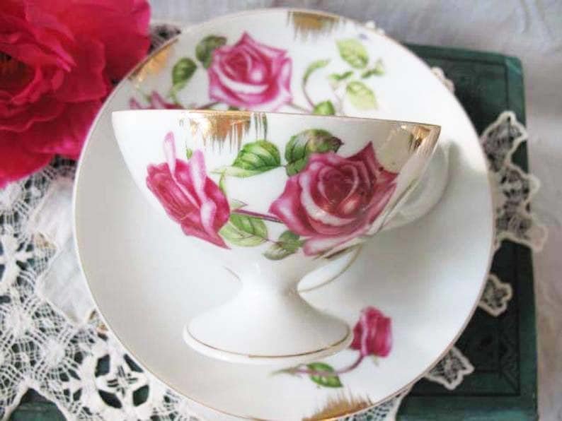 Vintage Teacup Lefton Pink Roses Footed China Retro Tea Dainty Decorative Tea Gift Mid Century Shabby Chic WhenRosesBloom Classic Tea