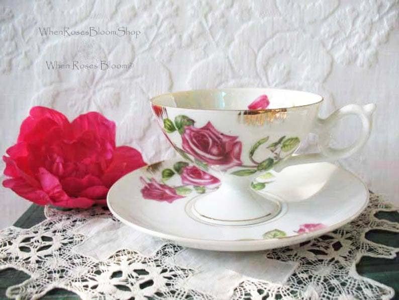 Vintage Teacup Lefton Pink Roses Footed China Retro Tea Dainty Decorative Tea Gift Mid Century Shabby Chic WhenRosesBloom Classic Tea