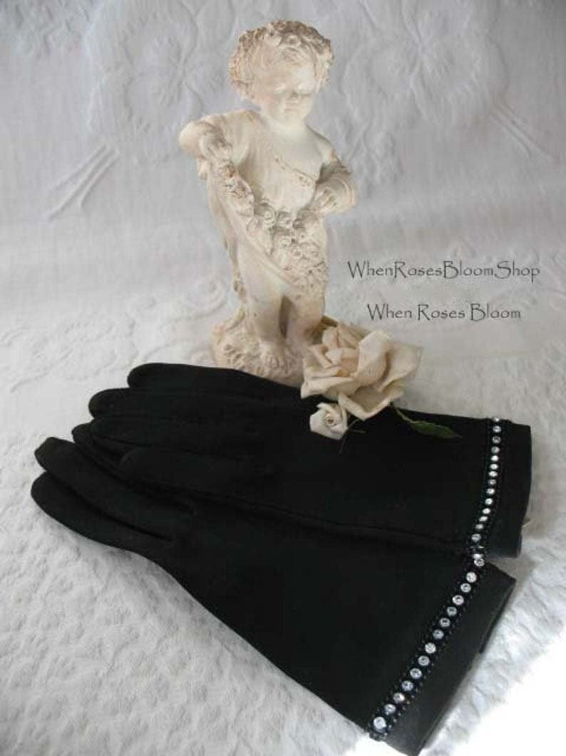 Vintage Black Gloves Sz 6+ Rhinestone Elegant Hollywood Glamour Dance Wedding Evening Cocktail Steampunk  NOS Free Ship US  WhenRosesBloom
