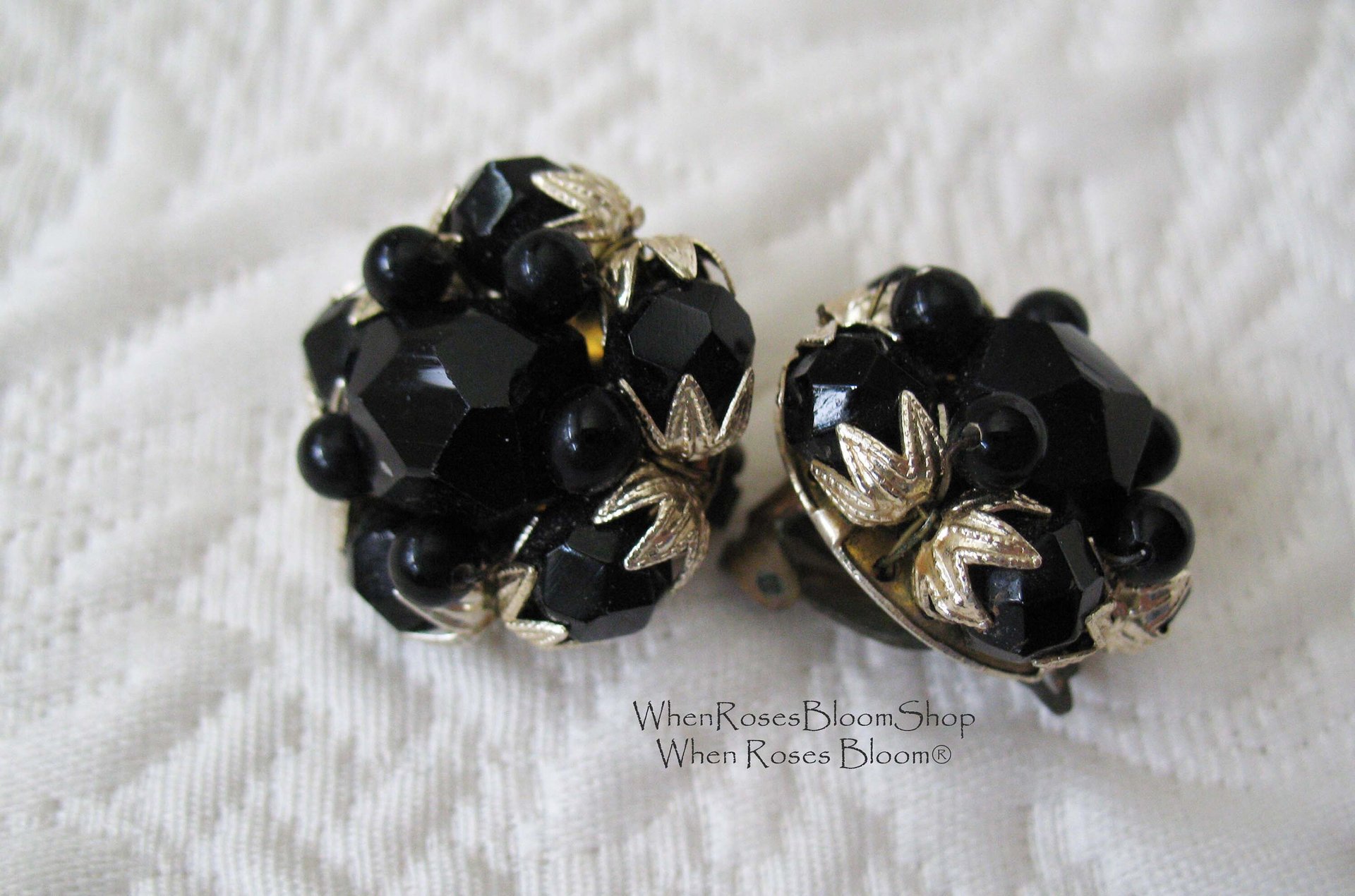 Black Lucite Clip On Earrings Mid Century Retro Vintage Jewelry Plastic Crystal Facet Jewels Hollywood Regency WhenRosesBloom