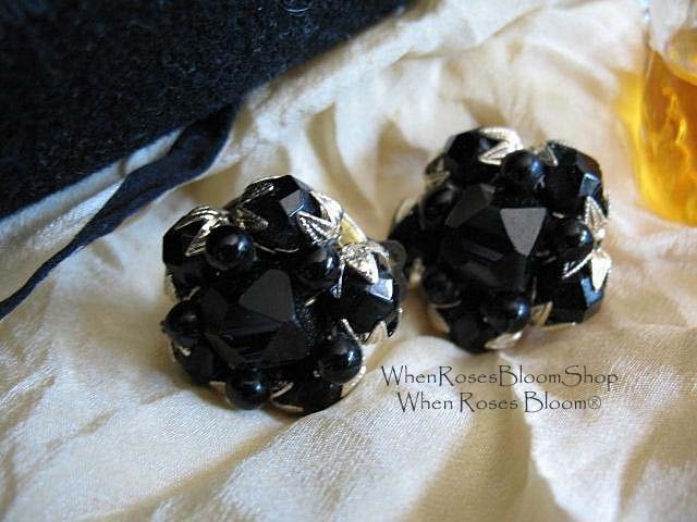 Black Lucite Clip On Earrings Mid Century Retro Vintage Jewelry Plastic Crystal Facet Jewels Hollywood Regency WhenRosesBloom