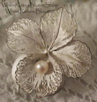 Vintage Floral Pin Brooch Silver Pearl Mid Century Jewelry Lapel Dress Pin Hat Pin Evening Wear Jewelry WhenRosesBloom