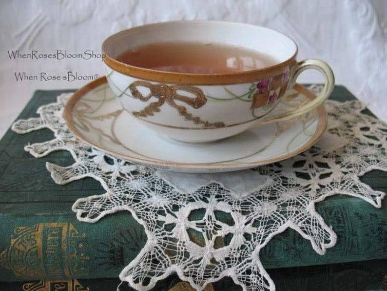 Vintage Tea Cup Nippon China Japan Retro Tea Dainty TeaTime Gift Gold Bow Farmhouse Cottage Shabby Chic Downton Abbey Style WhenRosesBloom